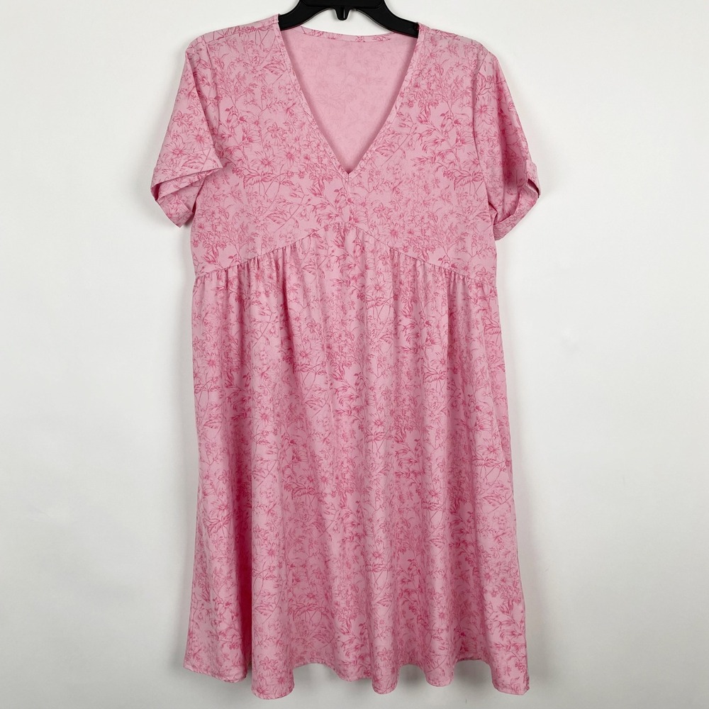 SHEIN Floral V-Neck Empire Waist Babydoll Dress Womens Medium Pink
